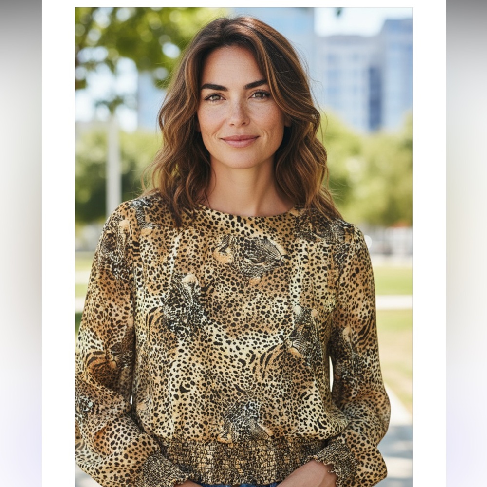 Notations cute leopard print blouse with elastic ruffle puffy sleeves and waist